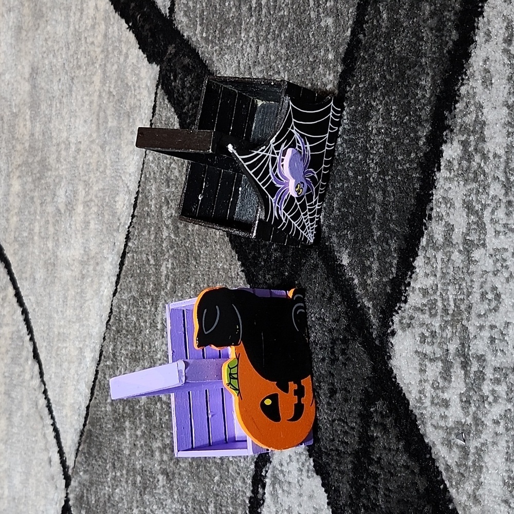 VINTAGE MINI HALLOWEEN WOOD BASKETS PUMPKIN BLK CAT SPIDER